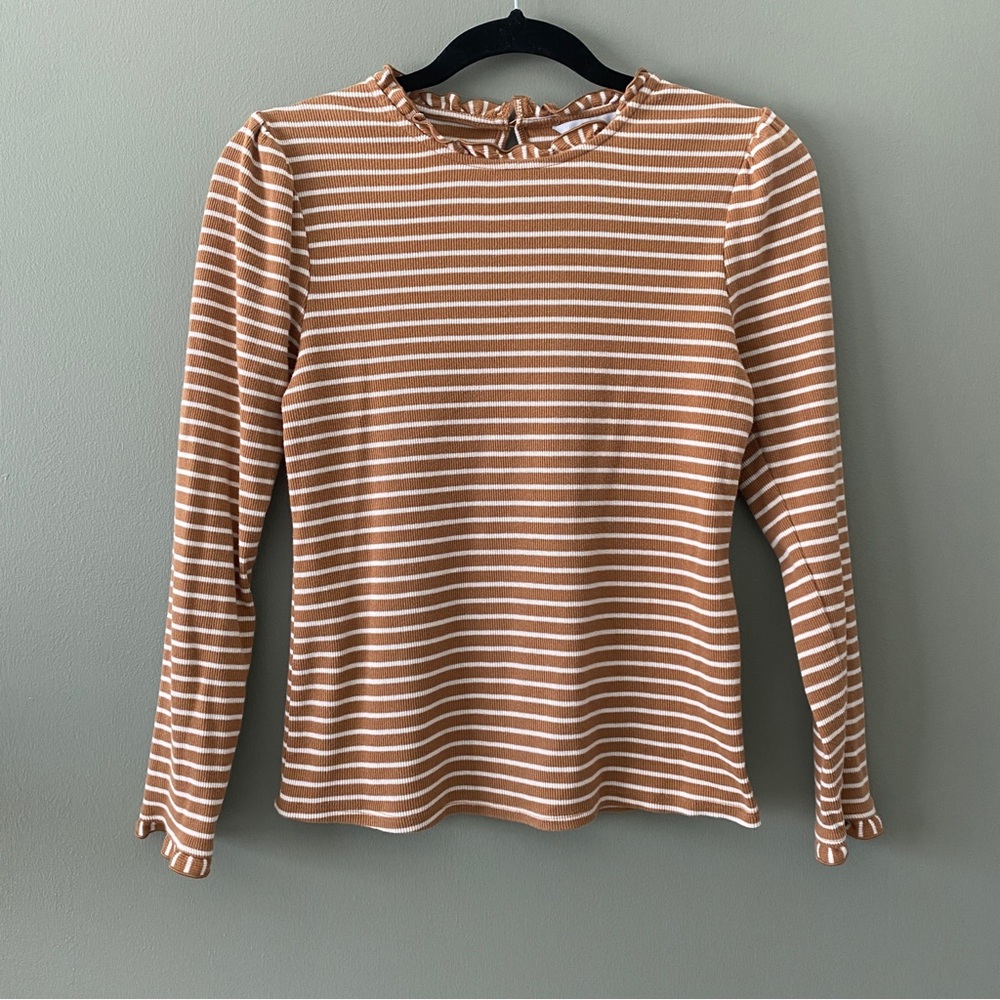 Croft & Barrow Yellow and White Striped Long Sleeve Tee with Ruffles, Size PXS